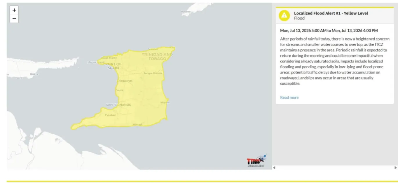 Flood warning issued for parts of Trinidad and Tobago