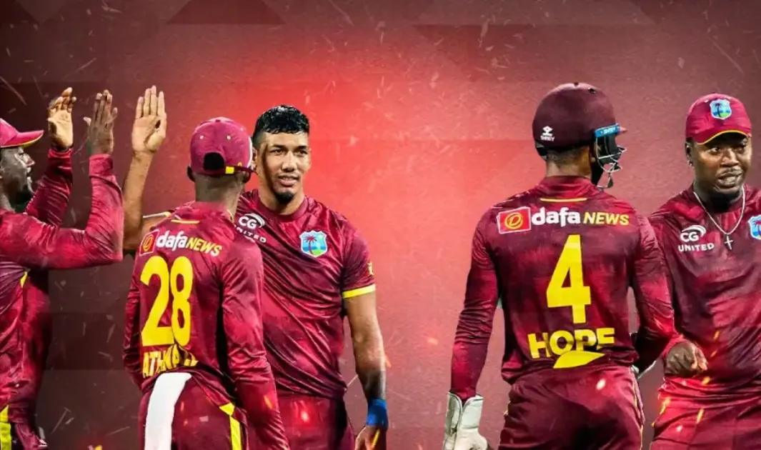 West Indies cricket players celebrating on the field during their ODI match against Sri Lanka.
